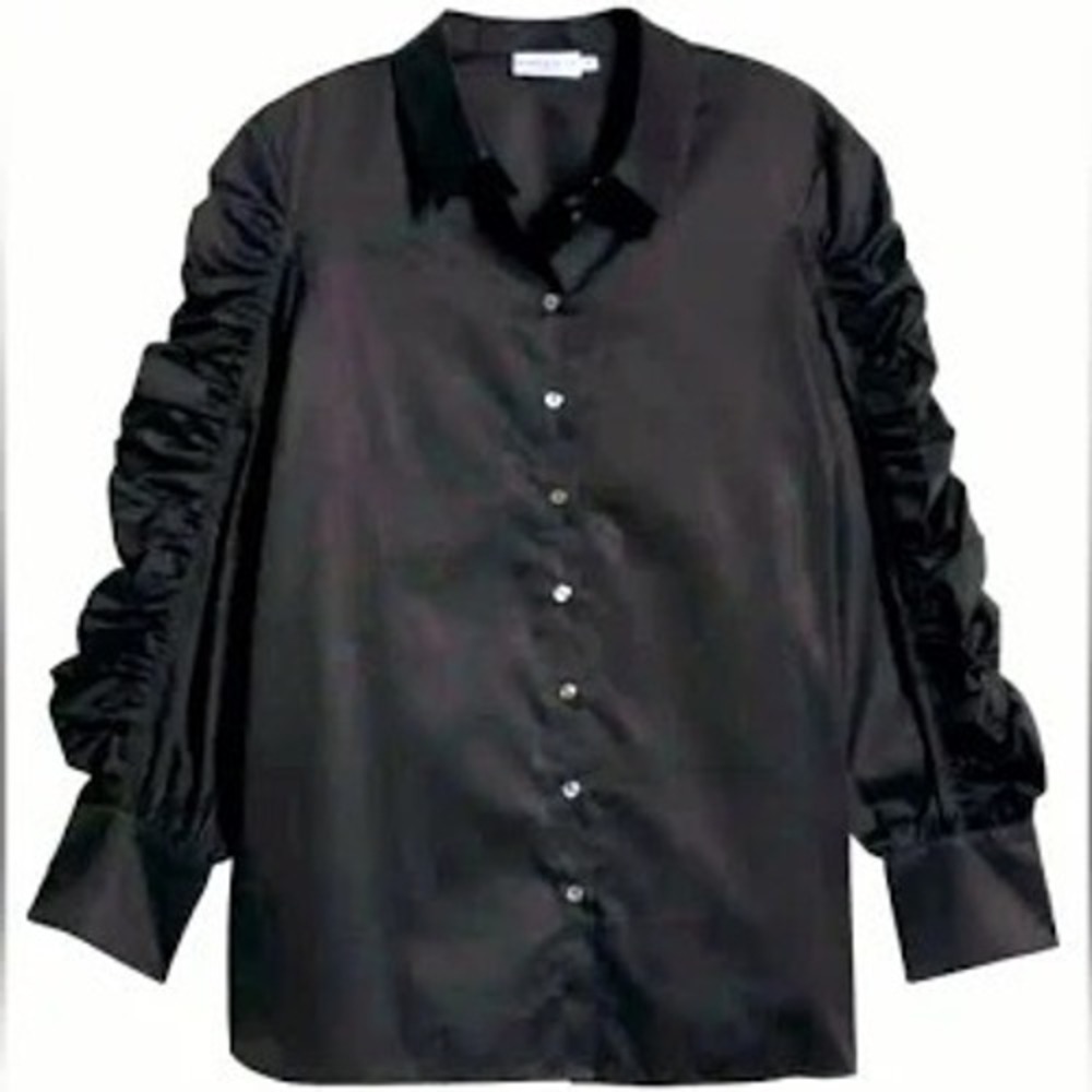 Harshman NEW Juliana Ruched Long Sleeve‎ Button-Front Shirt Black Sz 1X MSRP$219
